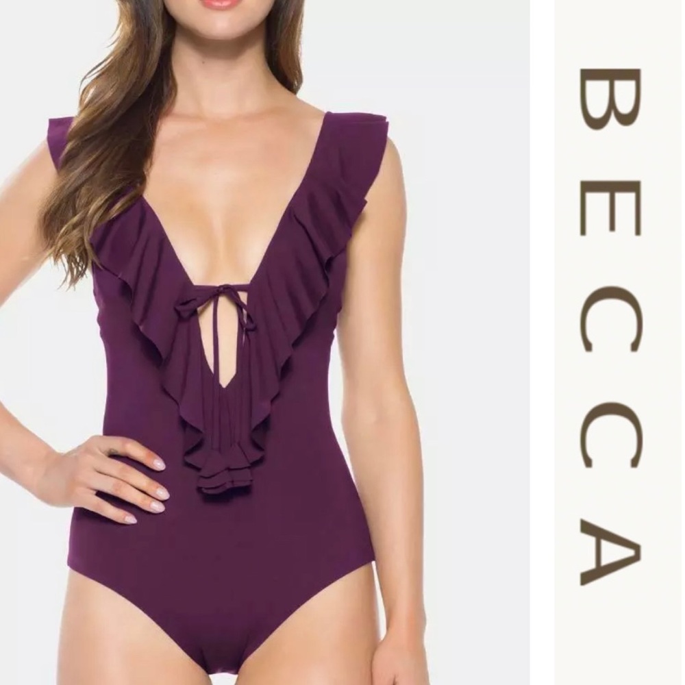 Becca socialite plunging ruffle one piece Merlot